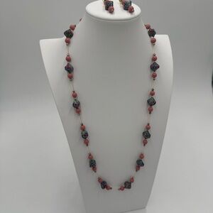 Vintage Pink and Blue Painted Floral Necklace and Earrings